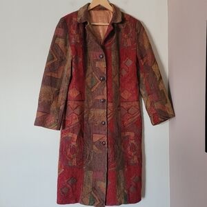 Vintage Tapestry Carpet Jacket Coat Neutral Tones Boho Mid Length Size Small